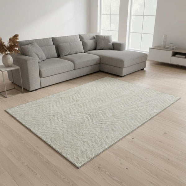 HomeRoots 8' X 10' Beige and Ivory Chevron Area Rug – Durable, Washable, UV-Protected for Family-Friendly Spaces 674219