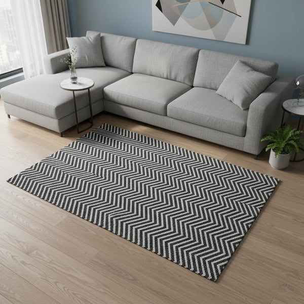 HomeRoots 10' X 14' Black And Ivory Chevron Area Rug - Durable, Washable, UV Protected for High-Traffic Homes 674227