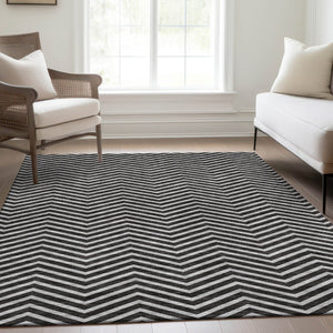 HomeRoots 10' X 14' Black And Ivory Chevron Area Rug - Durable, Washable, UV Protected for High-Traffic Homes 674227