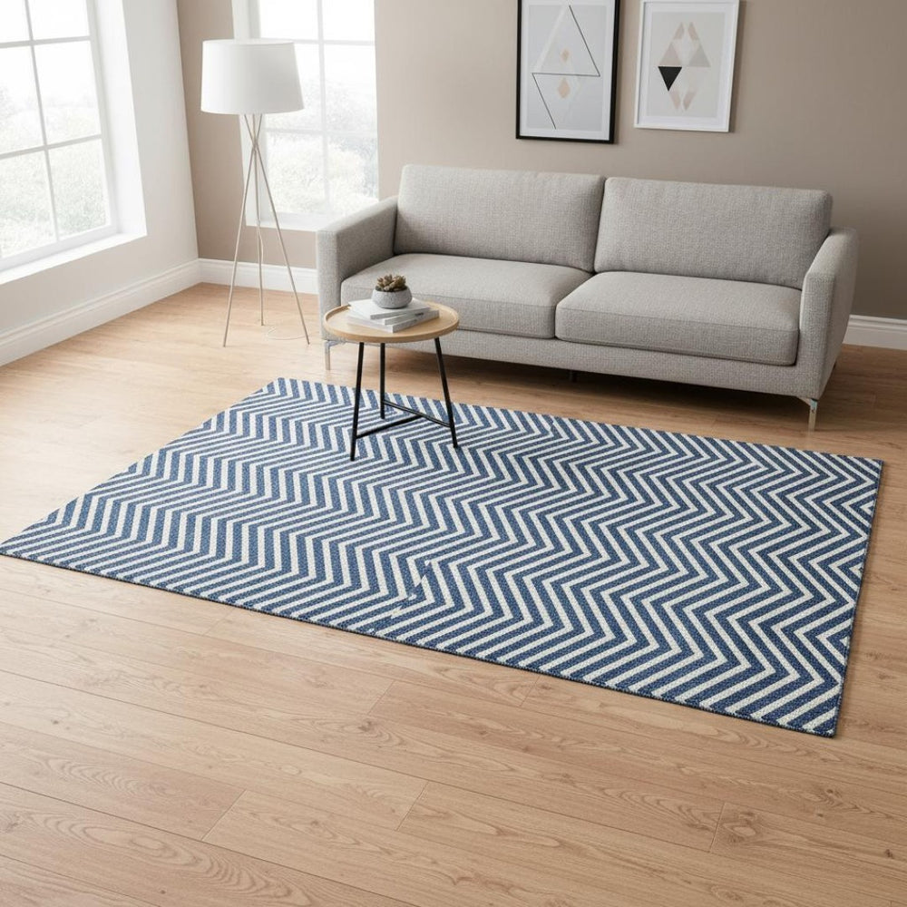 HomeRoots 5' X 8' Blue and Ivory Chevron Rug - Modern, Washable, UV-Protected for High-Traffic Homes & Decor 674229