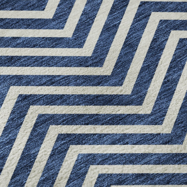 HomeRoots 5' X 8' Blue and Ivory Chevron Rug - Modern, Washable, UV-Protected for High-Traffic Homes & Decor 674229