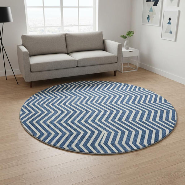HomeRoots 8' Blue And Ivory Chevron Round Rug - Durable, Washable, UV Protected for Indoor & Outdoor Use! 674230