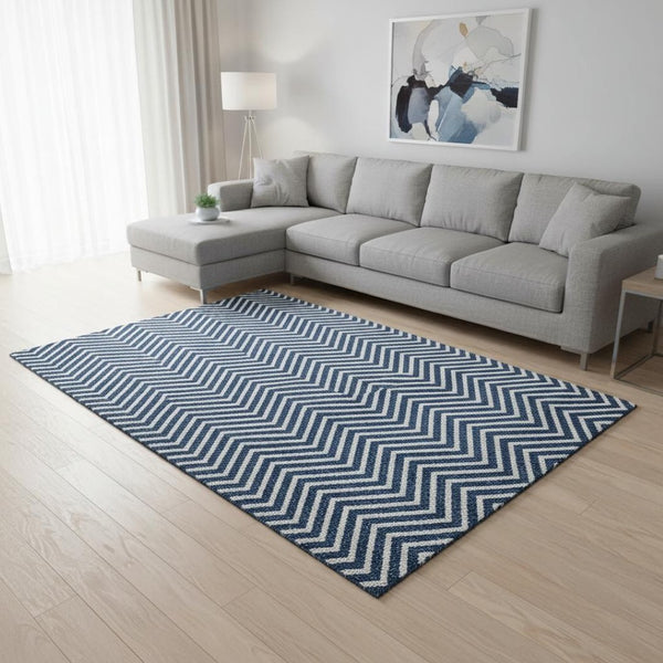 HomeRoots 8' X 10' Blue And Ivory Chevron Rug - Durable, Washable, UV Protected for Modern Living Spaces! 674231