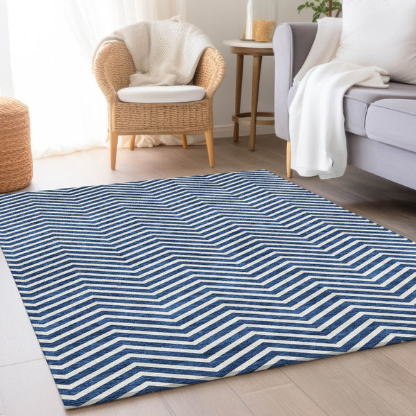 HomeRoots 8' X 10' Blue And Ivory Chevron Rug - Durable, Washable, UV Protected for Modern Living Spaces! 674231