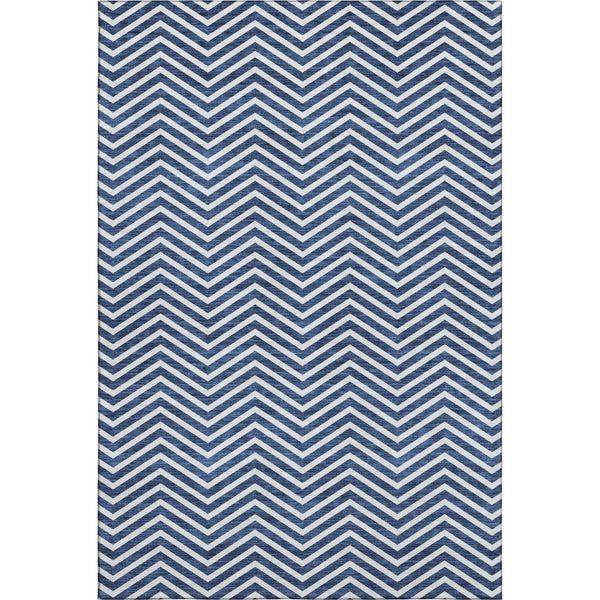 HomeRoots 8' X 10' Blue And Ivory Chevron Rug - Durable, Washable, UV Protected for Modern Living Spaces! 674231