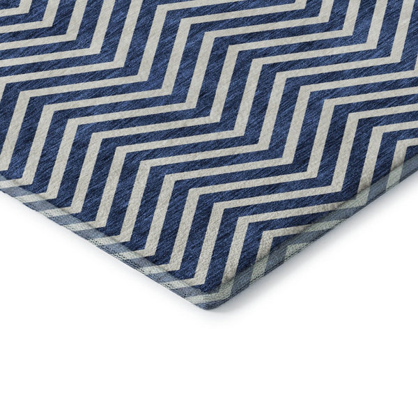 HomeRoots 8' X 10' Blue And Ivory Chevron Rug - Durable, Washable, UV Protected for Modern Living Spaces! 674231