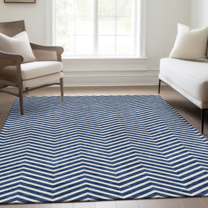 HomeRoots 8' X 10' Blue And Ivory Chevron Rug - Durable, Washable, UV Protected for Modern Living Spaces! 674231
