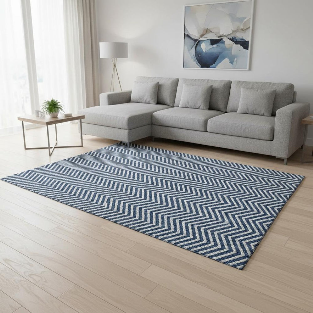 HomeRoots 9' X 12' Blue And Ivory Chevron Area Rug - Stylish, Washable, UV-Protected, Perfect for Busy Homes 674232
