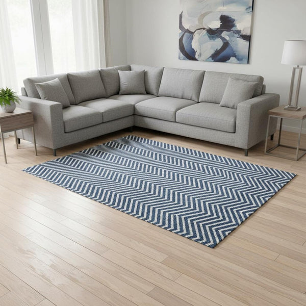 HomeRoots 10' Blue and Ivory Chevron Washable Area Rug - UV Resistant, Stain-Proof, Perfect for High Traffic Spaces 674233