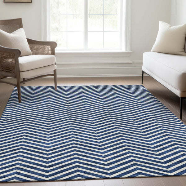 HomeRoots 10' Blue and Ivory Chevron Washable Area Rug - UV Resistant, Stain-Proof, Perfect for High Traffic Spaces 674233
