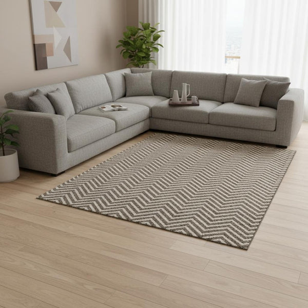HomeRoots 8' X 10' Chevron Area Rug in Brown and Beige - Washable, UV-Protected, Perfect for Family Spaces! 674237