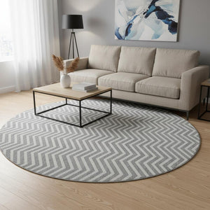 HomeRoots 8' Gray And Ivory Chevron Round Rug – Washable, UV Protected, Soft, Durable, Perfect for High Traffic Areas 674242