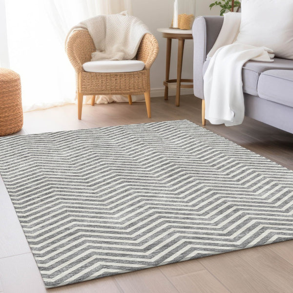 HomeRoots 8' X 10' Gray and Ivory Chevron Area Rug - Durable, Washable, UV-Protected, Perfect for Families! 674243