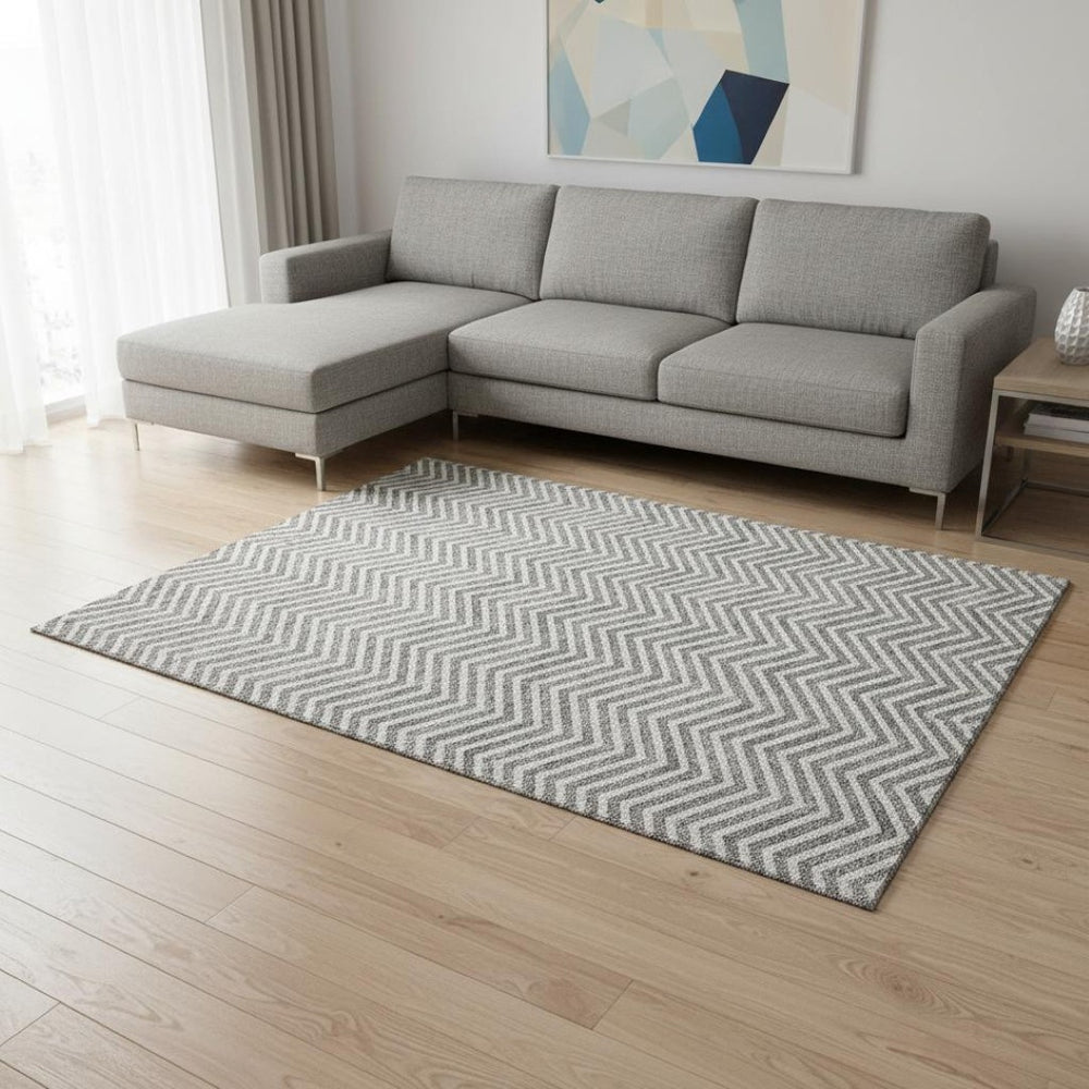 HomeRoots 10' X 14' Gray and Ivory Chevron Area Rug - Washable, UV-Protected, Durable for Busy Homes & Style 674245