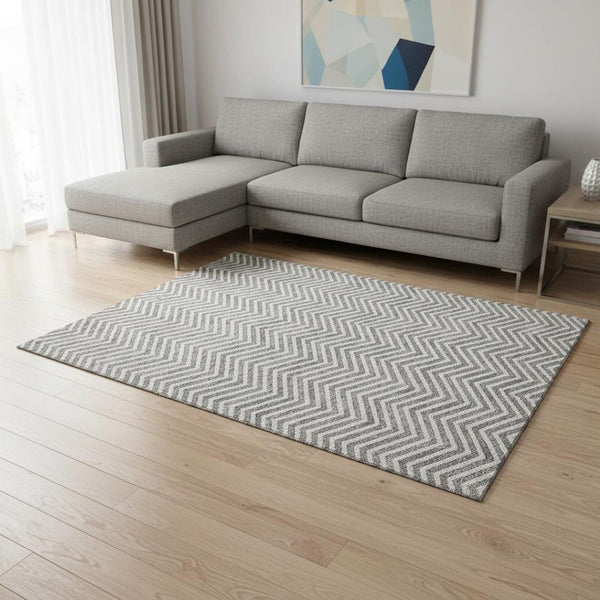 HomeRoots 10' X 14' Gray and Ivory Chevron Area Rug - Washable, UV-Protected, Durable for Busy Homes & Style 674245