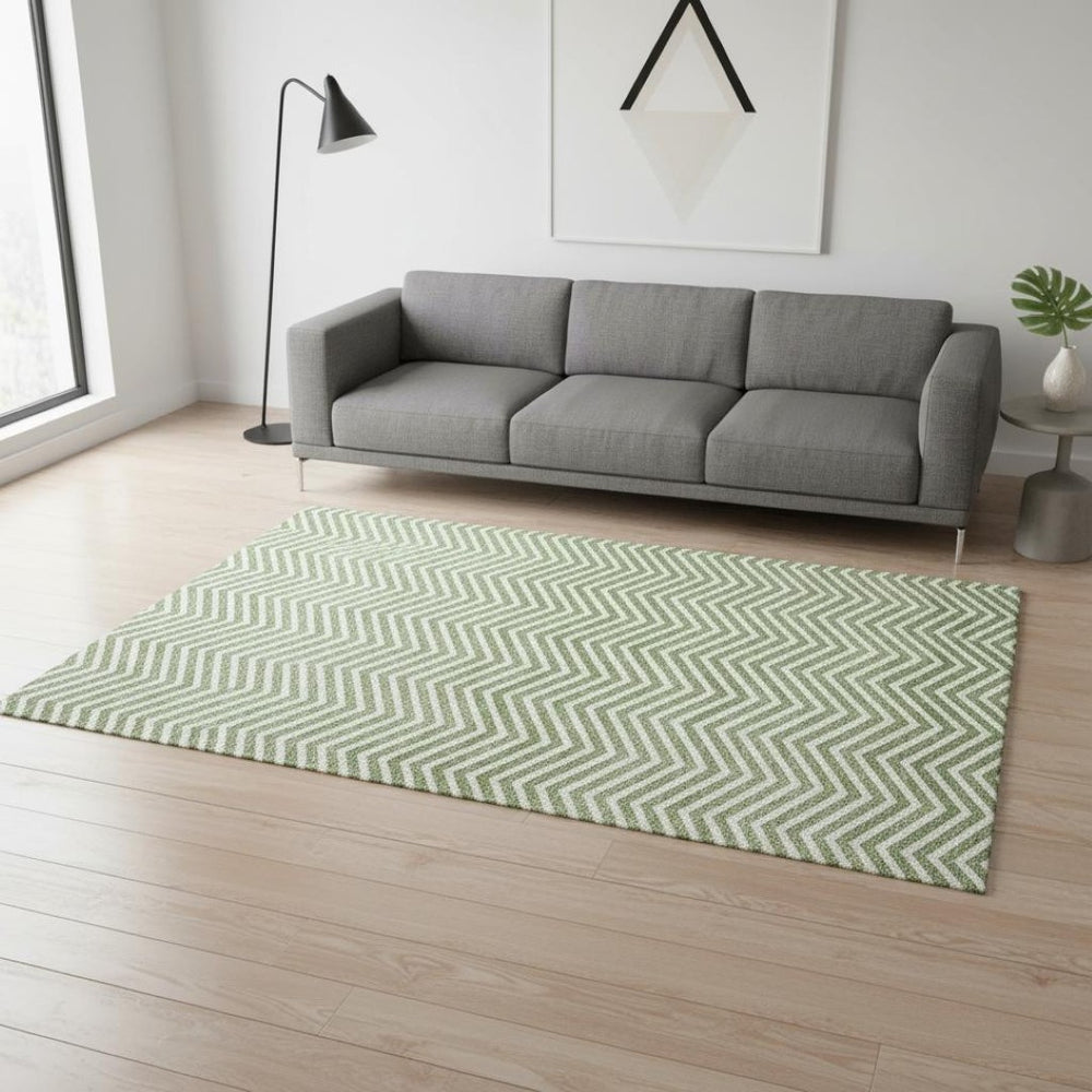 HomeRoots 5' X 8' Green And Ivory Chevron Area Rug - Stylish, Washable, UV-Protected for Modern Living Spaces! 674247