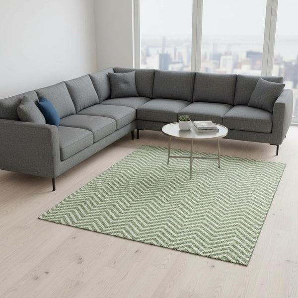 HomeRoots 8' X 10' Green & Ivory Chevron Area Rug – Durable, Washable, UV-Protected for High-Traffic Homes 674249