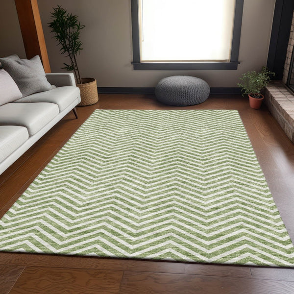 HomeRoots 9' X 12' Green and Ivory Chevron Area Rug - Washable, UV Protected, Durable for Homes with Kids & Pets 674250