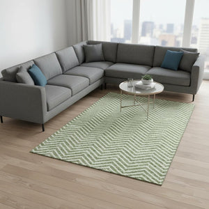 HomeRoots 10' Green and Ivory Chevron Area Rug - Washable, UV-Protected, Durable for High Traffic Homes! 674251