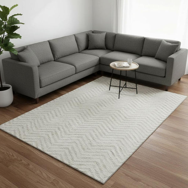 HomeRoots 10' X 14' Ivory And Beige Chevron Area Rug - Modern, Washable, UV-Protected, Perfect for Family Spaces! 674257