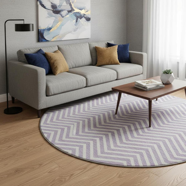 HomeRoots 8' Lilac Chevron Round Rug – Washable, UV Protected, Durable Design for Family & Play Spaces 674260