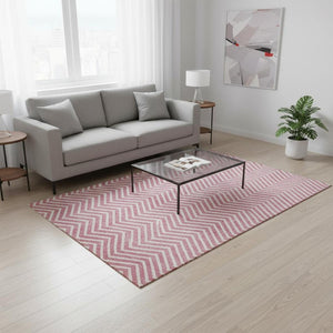 HomeRoots 5' X 8' Stylish Pink and Ivory Chevron Washable Area Rug with UV Protection for Everyday Durability 674265