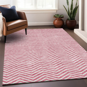 HomeRoots 5' X 8' Stylish Pink and Ivory Chevron Washable Area Rug with UV Protection for Everyday Durability 674265