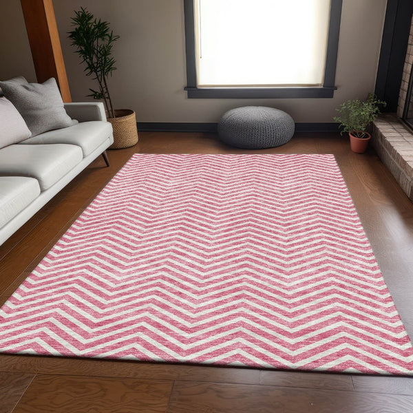 HomeRoots 5' X 8' Stylish Pink and Ivory Chevron Washable Area Rug with UV Protection for Everyday Durability 674265