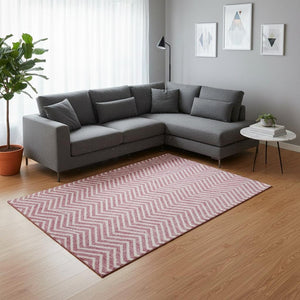 HomeRoots 8' X 10' Pink & Ivory Chevron Washable Area Rug - UV Protection, Stain Resistant for Family Homes 674267