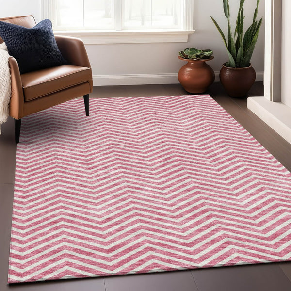 HomeRoots 10' Pink and Ivory Chevron Area Rug - Washable, UV Protected, Stain Resistant for Busy Homes 674269