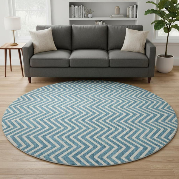 HomeRoots 8' Teal and Ivory Chevron Round Rug - Stylish, Washable, UV-Protected for Homes with Kids & Pets 674272