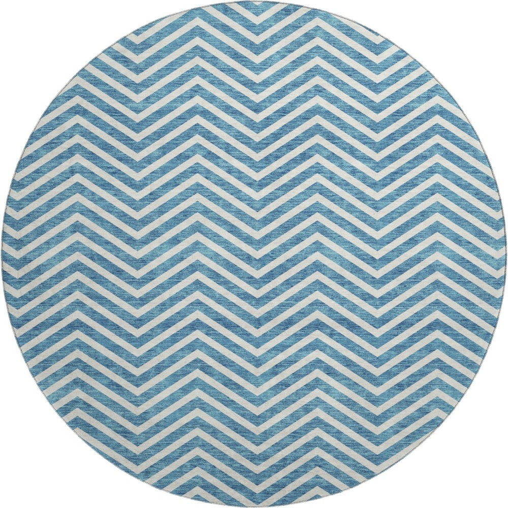 HomeRoots 8' Teal and Ivory Chevron Round Rug - Stylish, Washable, UV-Protected for Homes with Kids & Pets 674272
