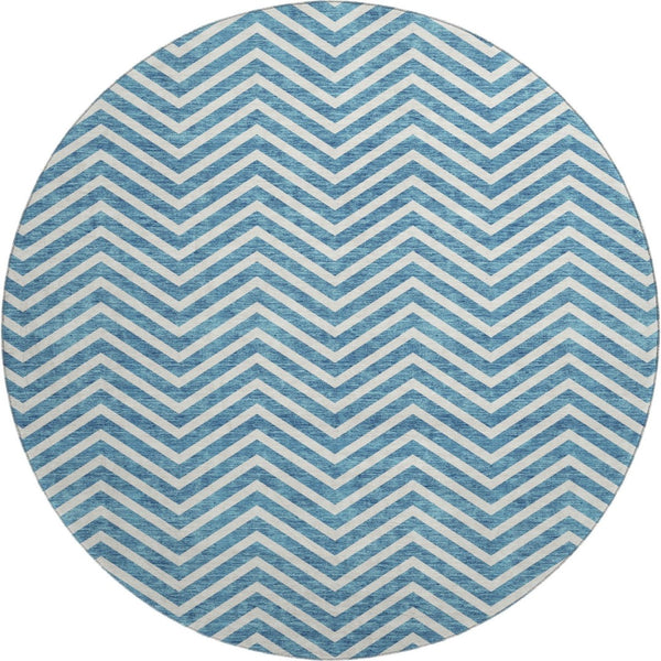 HomeRoots 8' Teal and Ivory Chevron Round Rug - Stylish, Washable, UV-Protected for Homes with Kids & Pets 674272
