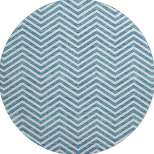 HomeRoots 8' Teal and Ivory Chevron Round Rug - Stylish, Washable, UV-Protected for Homes with Kids & Pets 674272