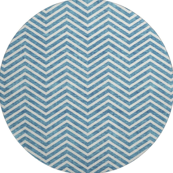 HomeRoots 8' Teal and Ivory Chevron Round Rug - Stylish, Washable, UV-Protected for Homes with Kids & Pets 674272