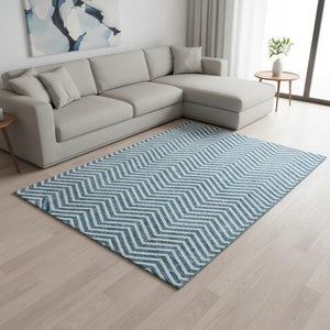 HomeRoots 9' X 12' Teal And Ivory Chevron Area Rug - Stylish, Washable, UV-Protected for High-Traffic Spaces 674274