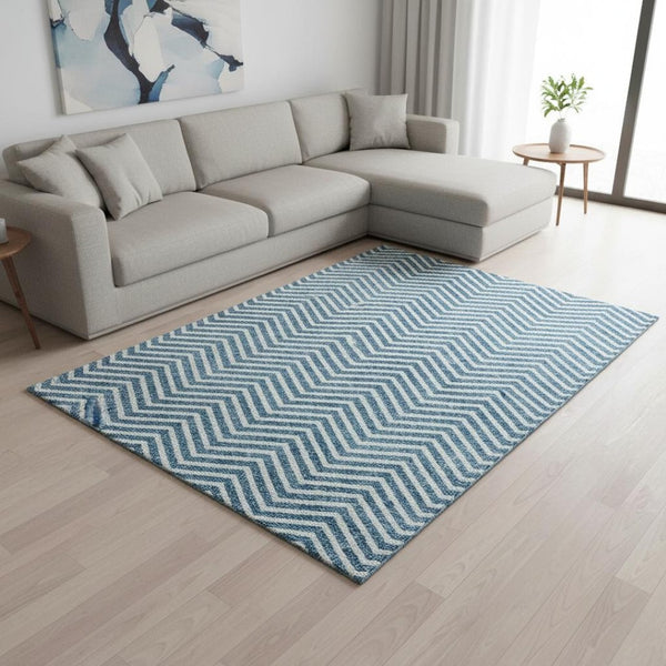 HomeRoots 9' X 12' Teal And Ivory Chevron Area Rug - Stylish, Washable, UV-Protected for High-Traffic Spaces 674274