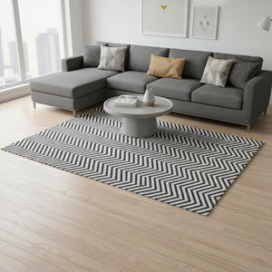HomeRoots 8' X 10' Washable Black and White Chevron Area Rug - Durable, UV-Protected, Perfect for Any Space 674279