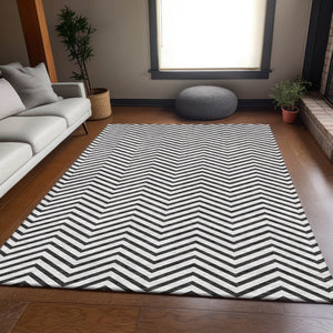 HomeRoots 8' X 10' Washable Black and White Chevron Area Rug - Durable, UV-Protected, Perfect for Any Space 674279