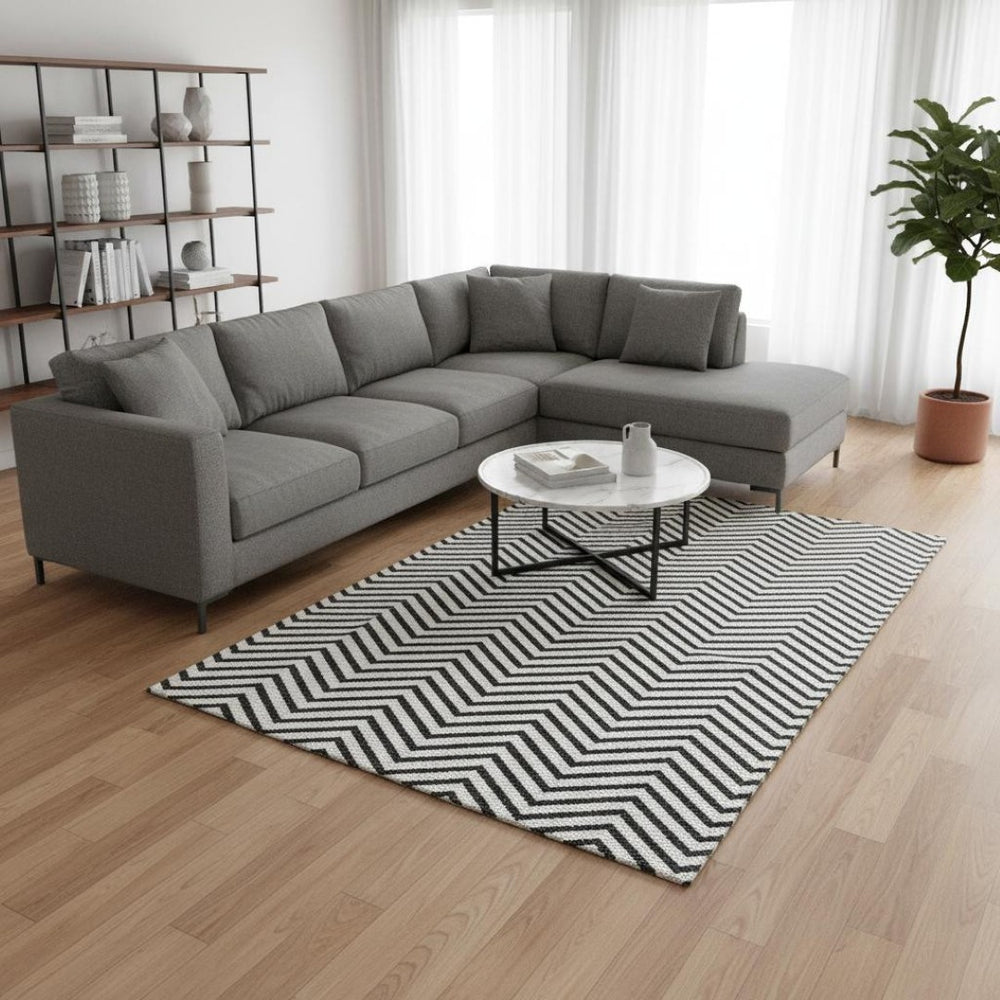 HomeRoots 10' X 14' Stylish White and Black Chevron Area Rug – Durable, Stain Resistant, UV Protected for Easy Care 674281
