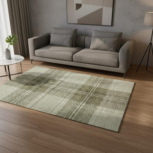 HomeRoots 5' X 8' Artichoke Green & Ivory Plaid Washable Area Rug - Durable, Stain-Resistant, UV-Protected Beauty 674283