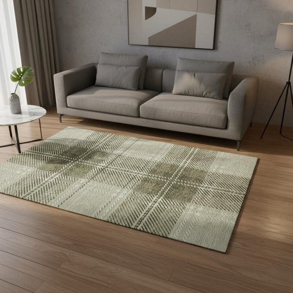 HomeRoots 5' X 8' Artichoke Green & Ivory Plaid Washable Area Rug - Durable, Stain-Resistant, UV-Protected Beauty 674283