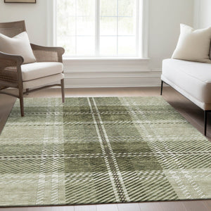 HomeRoots 5' X 8' Artichoke Green & Ivory Plaid Washable Area Rug - Durable, Stain-Resistant, UV-Protected Beauty 674283