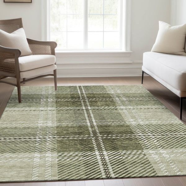 HomeRoots 5' X 8' Artichoke Green & Ivory Plaid Washable Area Rug - Durable, Stain-Resistant, UV-Protected Beauty 674283