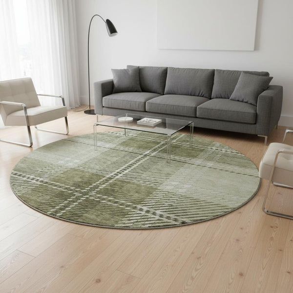 HomeRoots 8' Artichoke Green & Ivory Plaid Washable Round Rug - Stain-Resistant with UV Protection for Durability 674284
