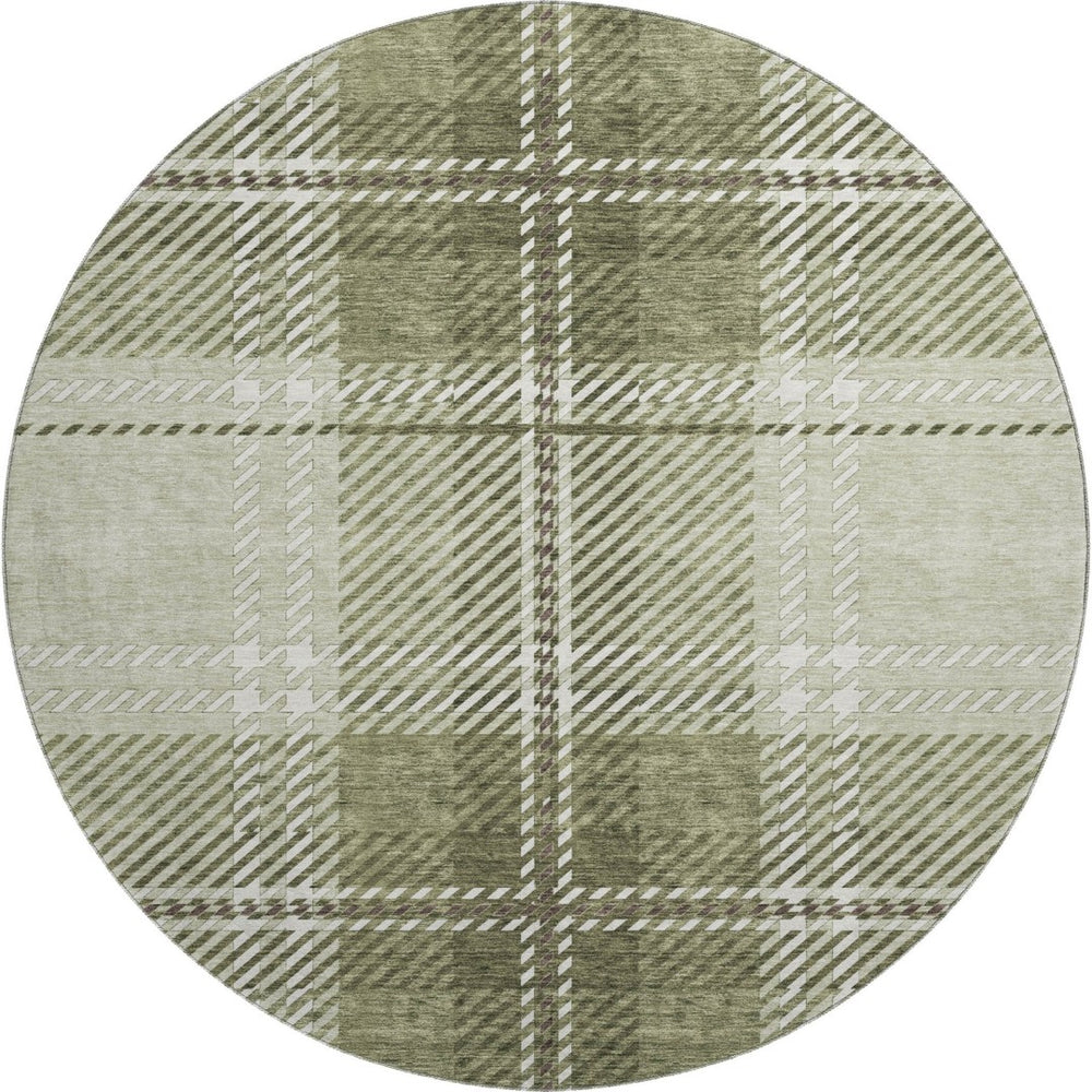 HomeRoots 8' Artichoke Green & Ivory Plaid Washable Round Rug - Stain-Resistant with UV Protection for Durability 674284