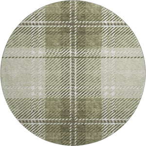 HomeRoots 8' Artichoke Green & Ivory Plaid Washable Round Rug - Stain-Resistant with UV Protection for Durability 674284