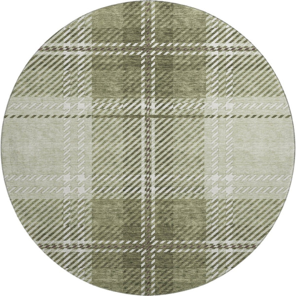 HomeRoots 8' Artichoke Green & Ivory Plaid Washable Round Rug - Stain-Resistant with UV Protection for Durability 674284