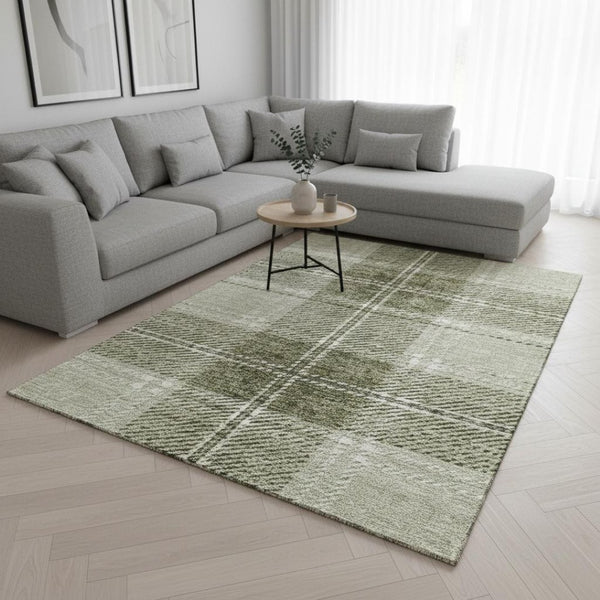HomeRoots 9' X 12' Artichoke Green & Ivory Plaid Washable Area Rug – Durable, UV-Protected, Pet-Friendly Style! 674286