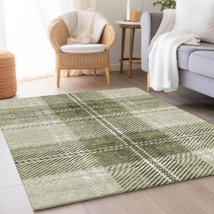 HomeRoots 9' X 12' Artichoke Green & Ivory Plaid Washable Area Rug – Durable, UV-Protected, Pet-Friendly Style! 674286